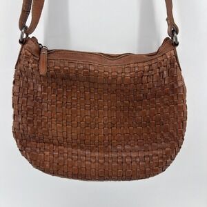 Vilenca Holland Woven Cognac Brown Leather Crossbody Bag Purse 13" Basket Weave